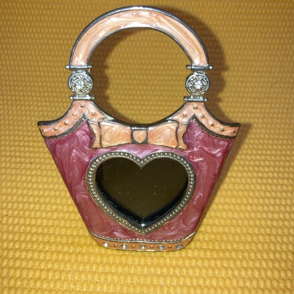 Pink Enamel Rhinestone Embellished Purse Bow Heart Mini Picture Frame